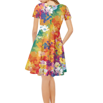 Women V-Neck Short Sleeve Ruffle Dress