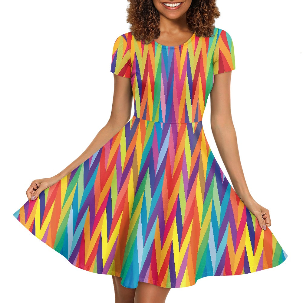 Chevron Rainbow LGBTQ Women Scoop Neck Short Sleeve Ruffle Dress