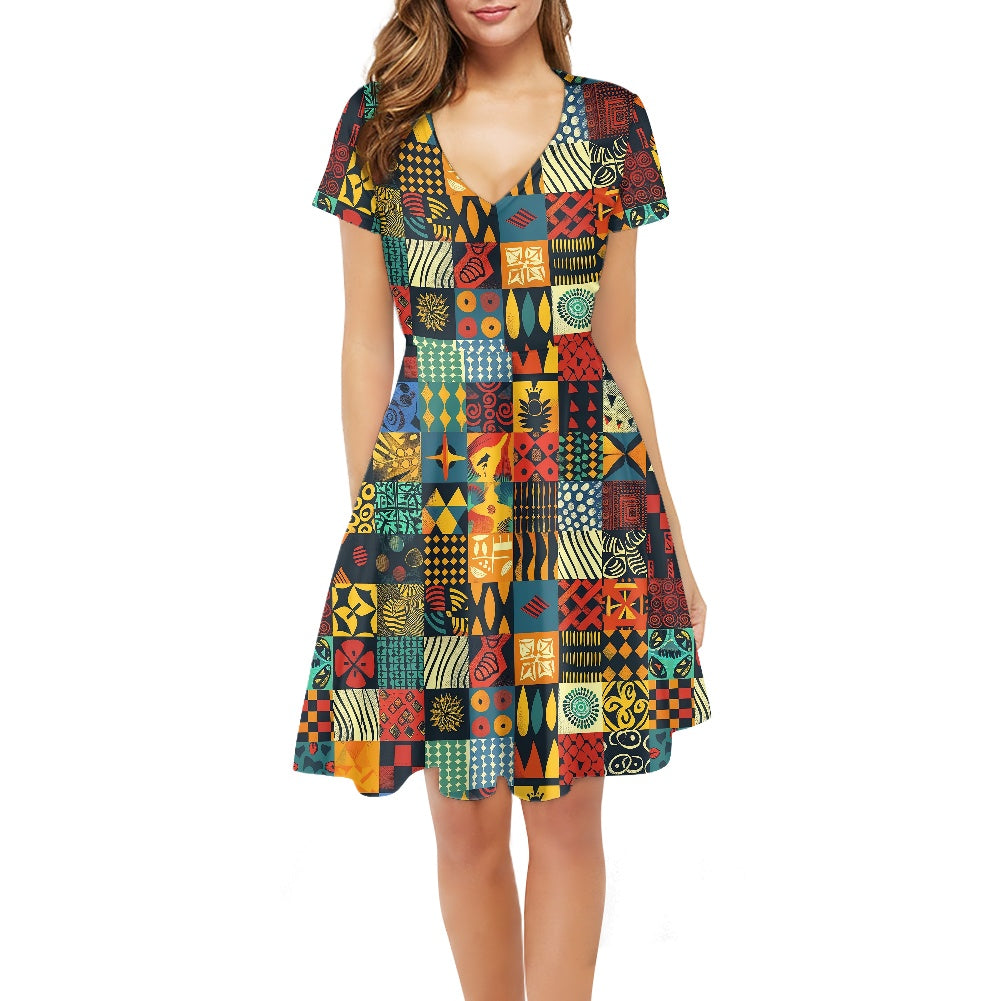 Women V-Neck Short Sleeve Ruffle Dress