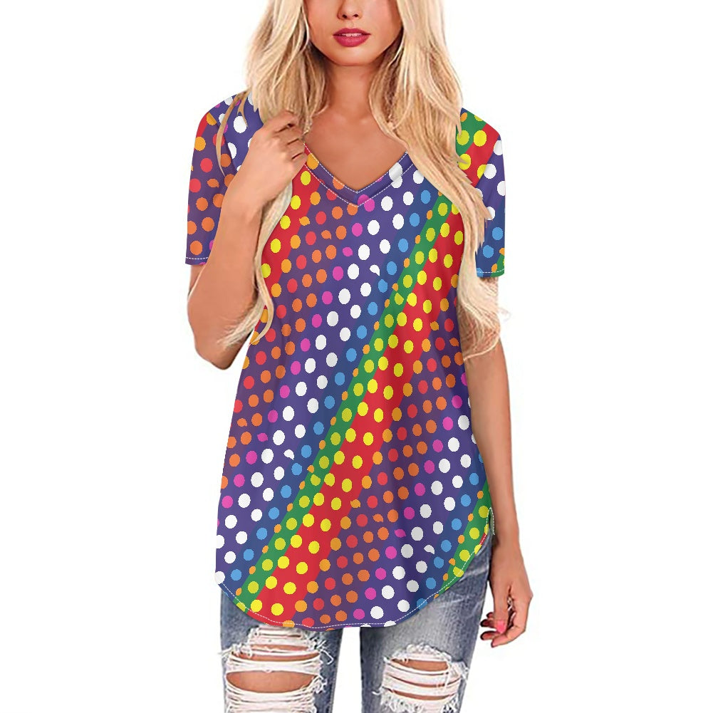 LGBTQ-Friendly Rainbow Polka Dot V-Neck Women's V-neck Top by Luxtrini white