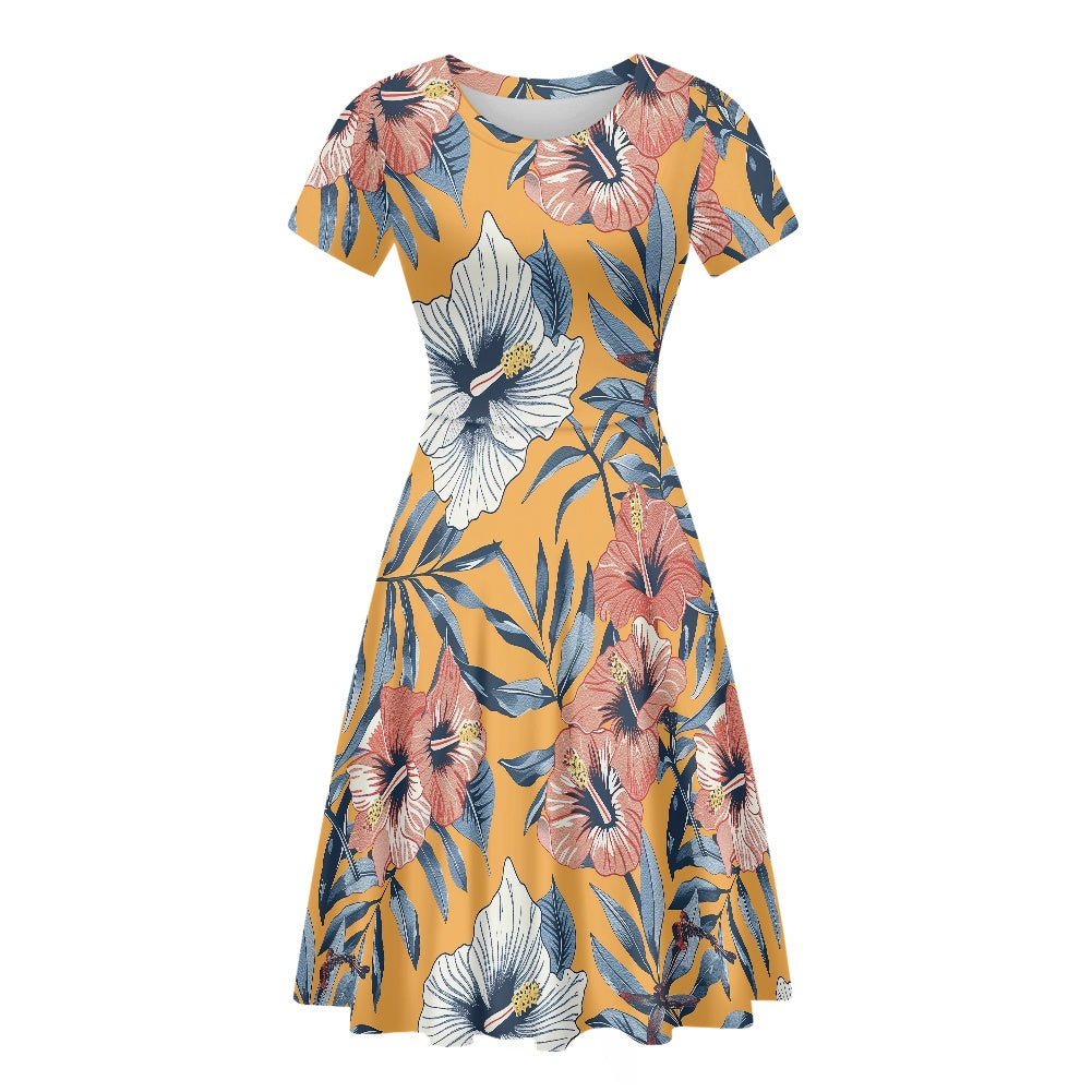 Women Scoop Neck Short Sleeve Ruffle Dress white