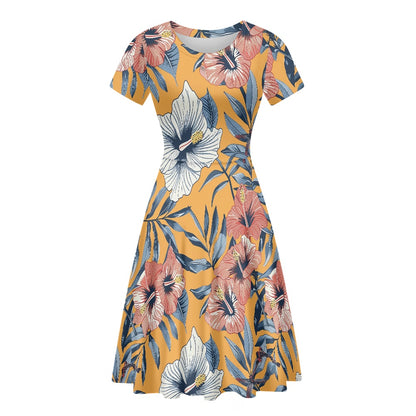 Women Scoop Neck Short Sleeve Ruffle Dress white