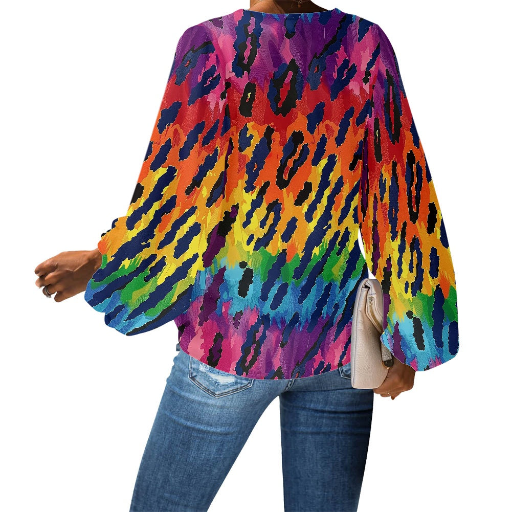 V-Neck Chiffon Puff Sleeve Blouse by Luxtrini
