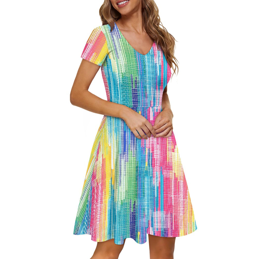 Rainbow Glitch Women V-Neck Short Sleeve Ruffle Dress
