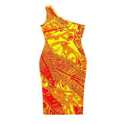 Discover Elegance: Luxtrini's One-Shoulder Slim Dress - Orange Croton Vibrant white