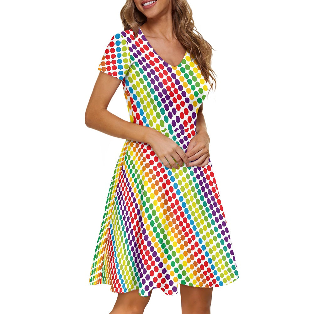 Rainbow Polka Dots Women V-Neck Short Sleeve Ruffle Dress