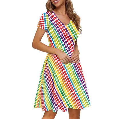 Rainbow Polka Dots Women V-Neck Short Sleeve Ruffle Dress