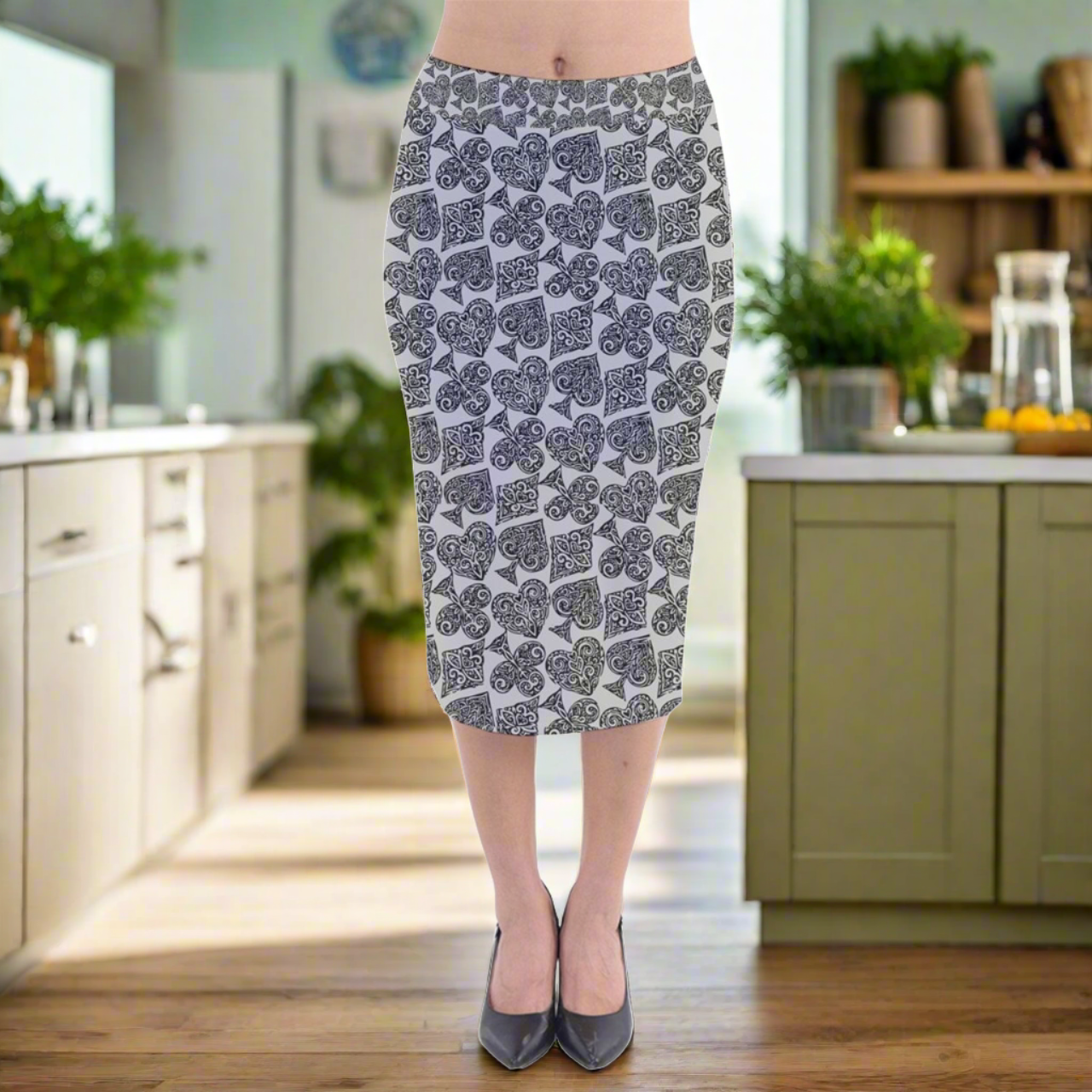 Playing Cards Gray Velvet Midi Pencil Skirt - Luxurious Comfort and Chic Winter Style