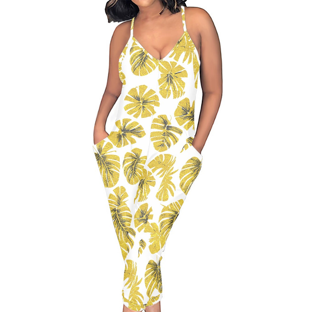 Yellow Monstera Rompers - Exclusive One-of-a-Kind Luxury Romper - Limited Edition, Ethically Made, and Stylishly Comfortable white
