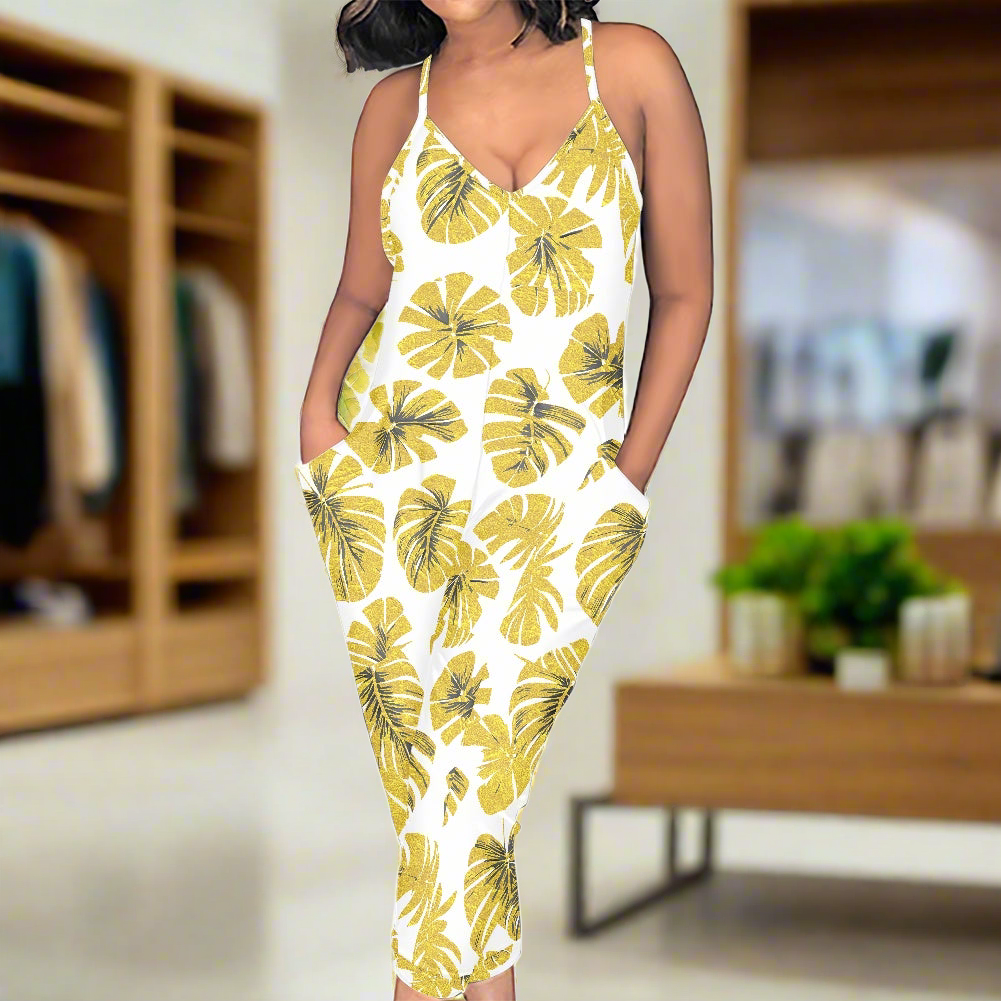 Yellow Monstera Rompers - Exclusive One-of-a-Kind Luxury Romper - Limited Edition, Ethically Made, and Stylishly Comfortable