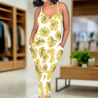 Yellow Monstera Rompers - Exclusive One-of-a-Kind Luxury Romper - Limited Edition, Ethically Made, and Stylishly Comfortable