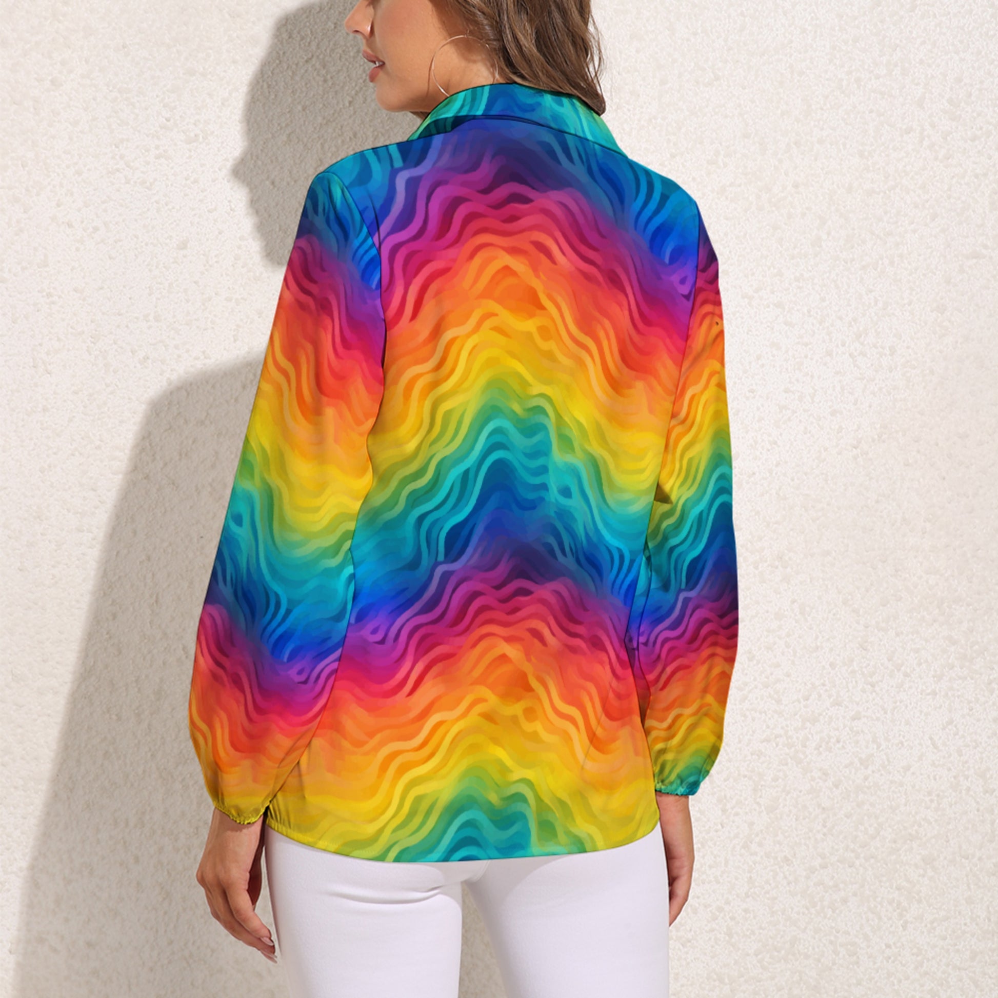 Rainbow Long Sleeve Blouse – Colorful V-Neck Button Down for Women, Pride Top, Lightweight Retro Shirt, Festival Ready
