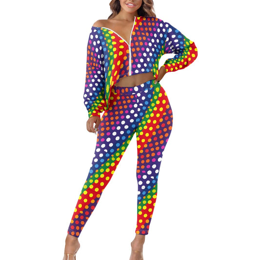 LGBTQ-Friendly Rainbow Polka Dot Trendy Two-Piece Set: Cropped Off-Shoulder Jacket and High-Waisted Leggings by Luxtrini