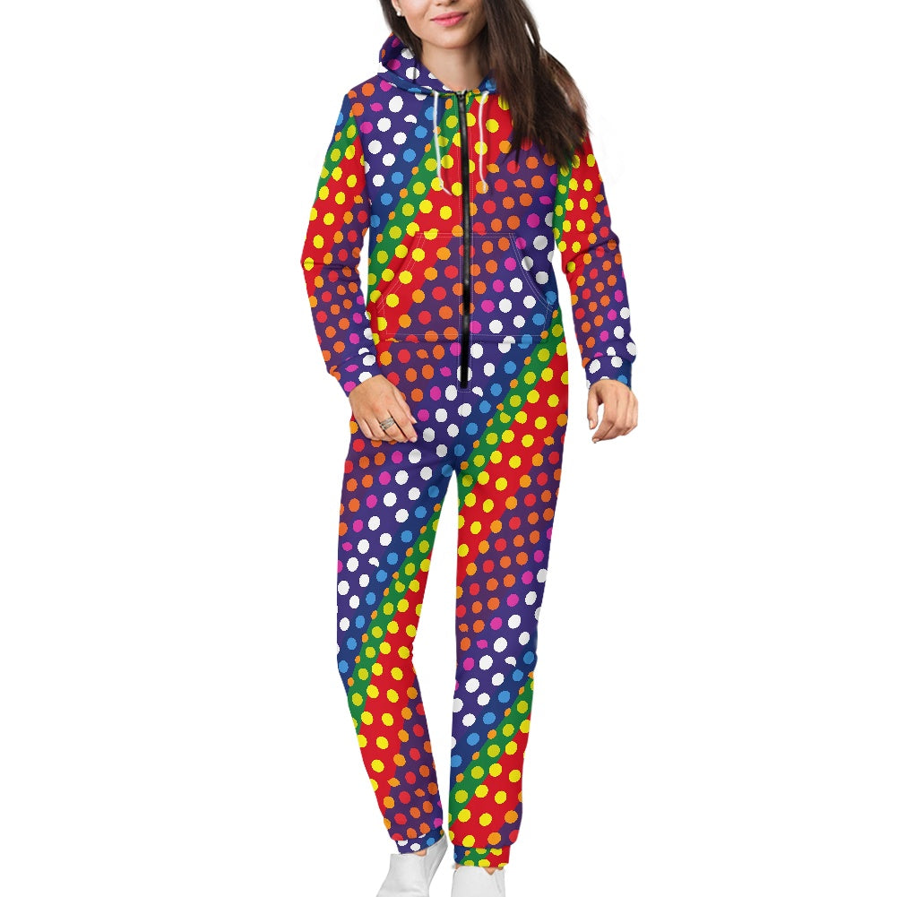 LGBTQ-Friendly Rainbow Polka Dot Women's Hooded Long Sleeve Jumpsuit by Luxtrini