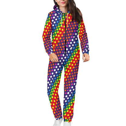 LGBTQ-Friendly Rainbow Polka Dot Women's Hooded Long Sleeve Jumpsuit by Luxtrini