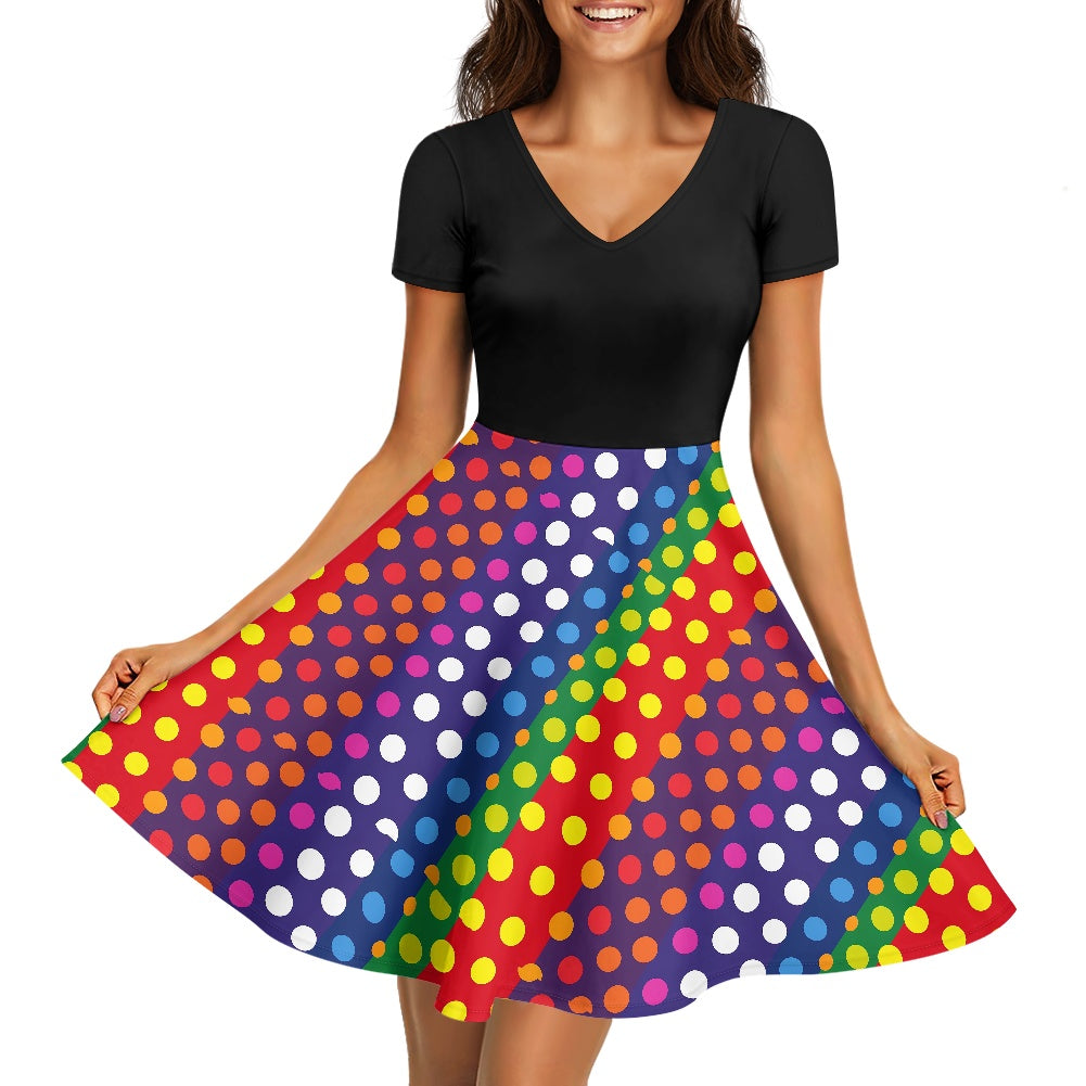 LGBTQ-Friendly Rainbow Polka Dot V-Neck Black Top Women short Sleeve Ruffle Dress by Luxtrini