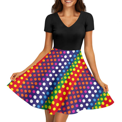 LGBTQ-Friendly Rainbow Polka Dot V-Neck Black Top Women short Sleeve Ruffle Dress by Luxtrini