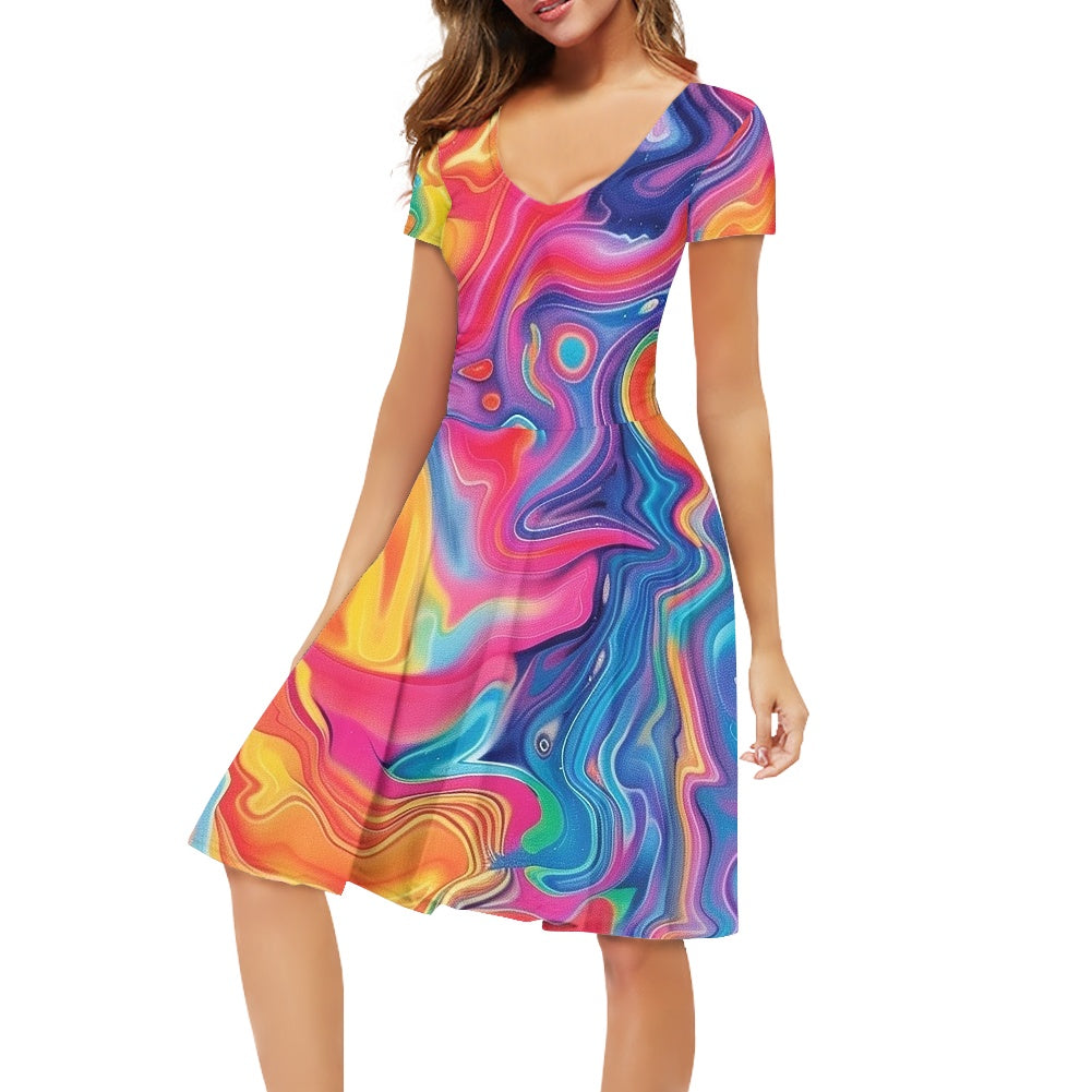 Women V-Neck Short Sleeve Ruffle Dress