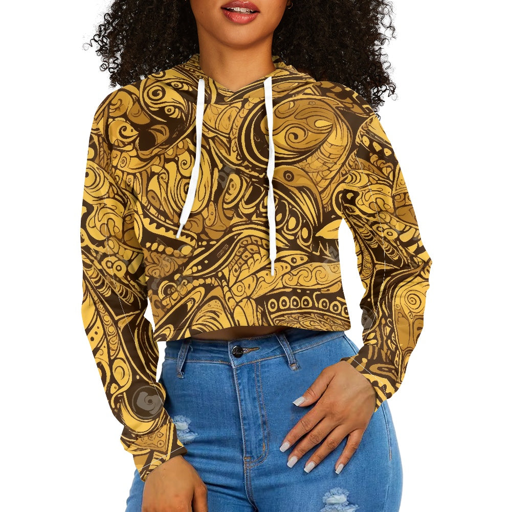 Women's midriff-baring sweatshirt - Gold Ethnic