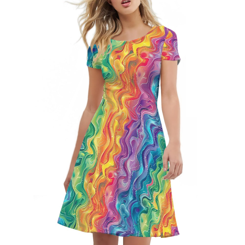 Women Scoop Neck Short Sleeve Ruffle Dress