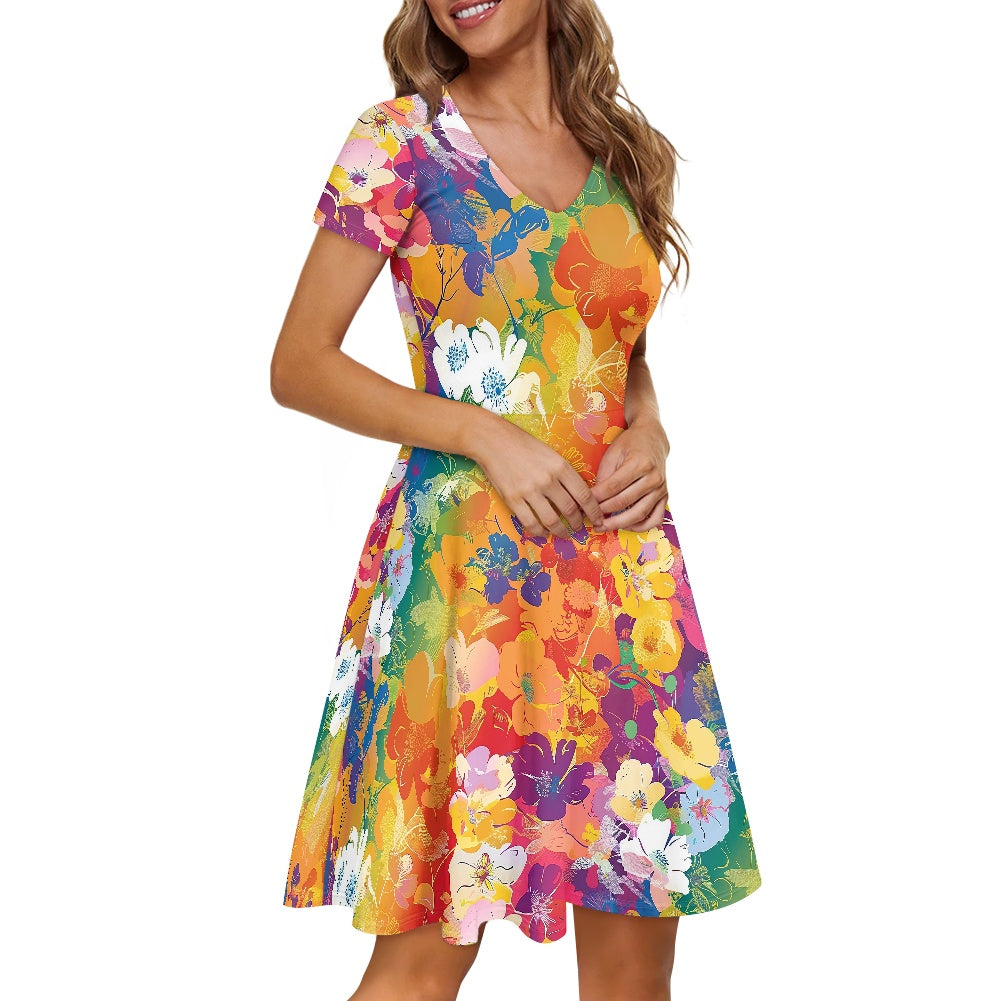 Women V-Neck Short Sleeve Ruffle Dress