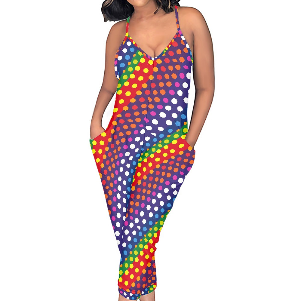 LGBTQ-Friendly Rainbow Polka Dot 
Airy Casual Sleeveless Jumpsuit with V-Neck and Side Pockets – Ideal for Relaxed Summer Outings by Luxtrini