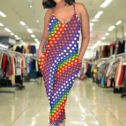 LGBTQ-Friendly Rainbow Polka Dot 
Airy Casual Sleeveless Jumpsuit with V-Neck and Side Pockets – Ideal for Relaxed Summer Outings by Luxtrini