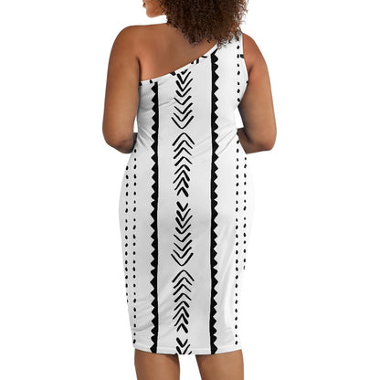 Discover Elegance: Luxtrini's One-Shoulder Slim Dress - African Ethnic B&W