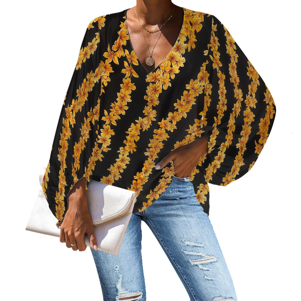 V-Neck Chiffon Puff Sleeve Blouse with Hawaiian Lei Pattern – Tropical and Stylish by Luxtrini 4XL