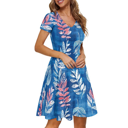 Blue Leaves Women V-Neck Short Sleeve Ruffle Dress