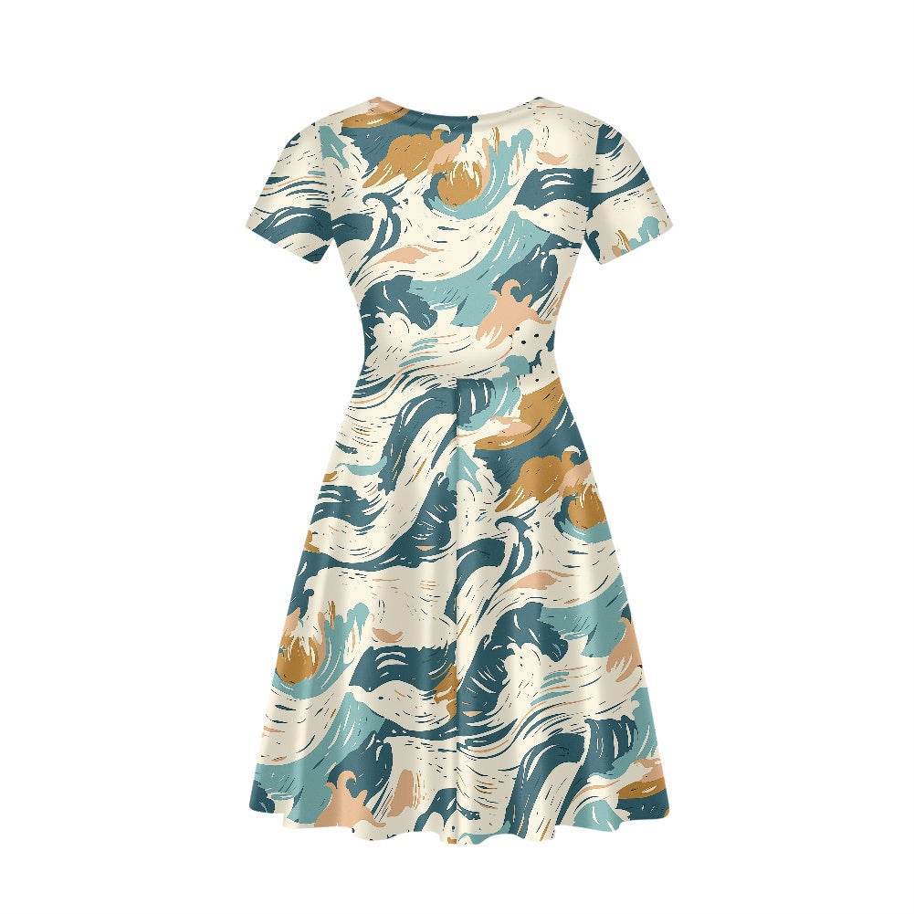 Abstract Waves Women V-Neck Short Sleeve Ruffle Dress