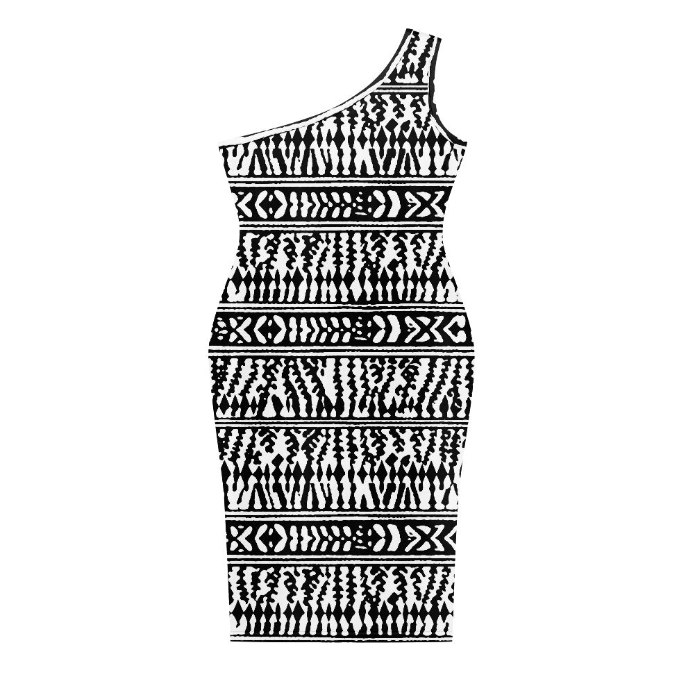 Discover Elegance: Luxtrini's One-Shoulder Slim Dress - B&W African Ethnic
