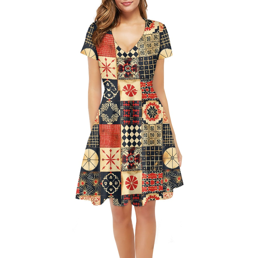 Women V-Neck Short Sleeve Ruffle Dress