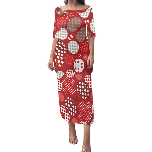 Red Polka Dot Guinea Style Maxi Dress Set white