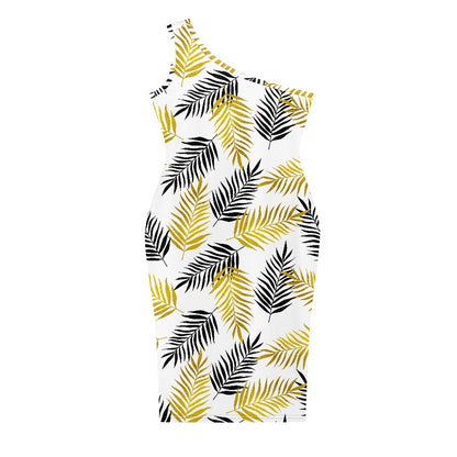Discover Elegance: Luxtrini's One-Shoulder Slim Dress - Palm Fronds white