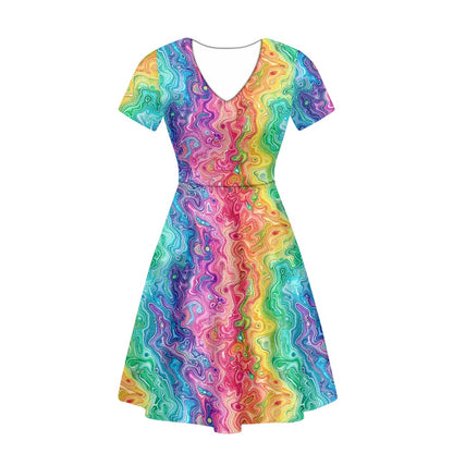 Rainbow Women V-Neck Short Sleeve Ruffle Dress white