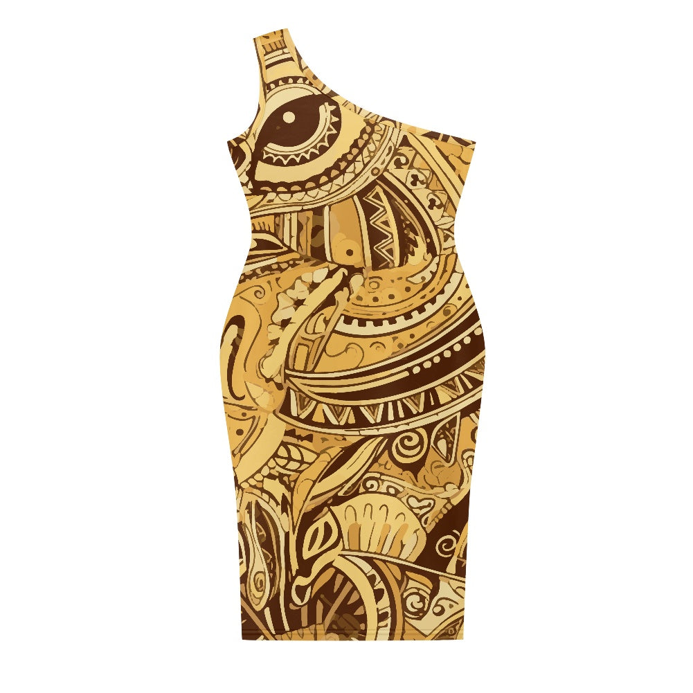 Discover Elegance: Luxtrini's One-Shoulder Slim Dress - Ethnic Yellow white