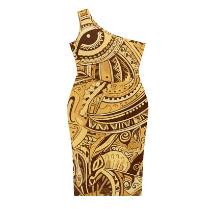 Discover Elegance: Luxtrini's One-Shoulder Slim Dress - Ethnic Yellow white