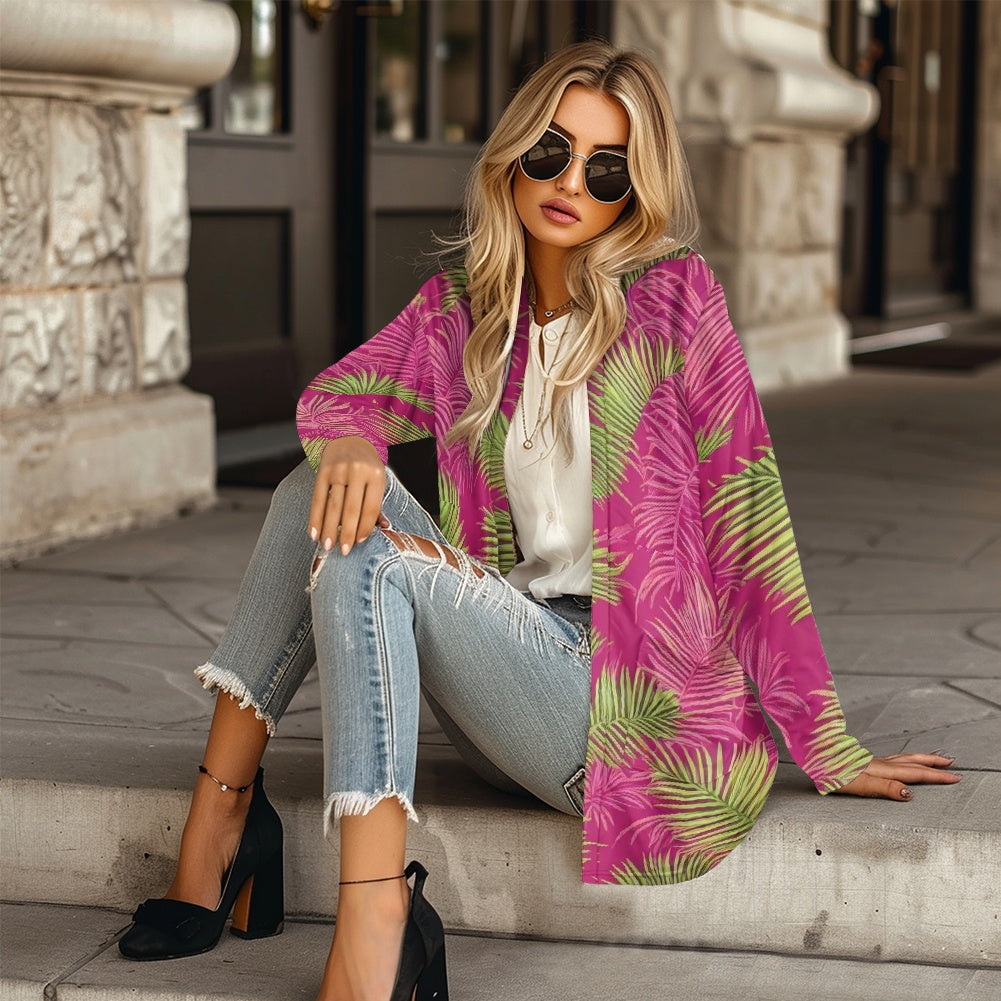 Tropical Palm Leaf Cardigan – Lightweight Stretch Knit Open Front Jacket for Women | Eco-Friendly Resortwear Layer