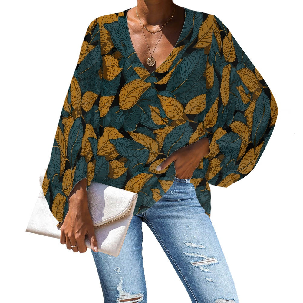 Brown and Green Leave pattern V-Neck Chiffon Puff Sleeve Blouse by Luxtrini 4XL