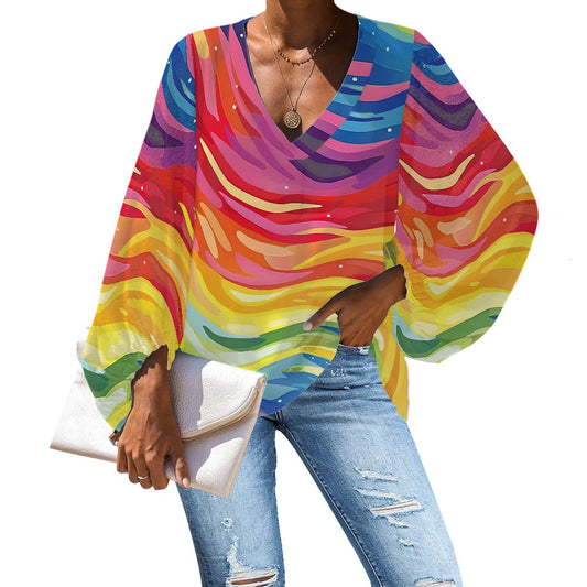 V-Neck Chiffon Puff Sleeve Blouse by Luxtrini 4XL