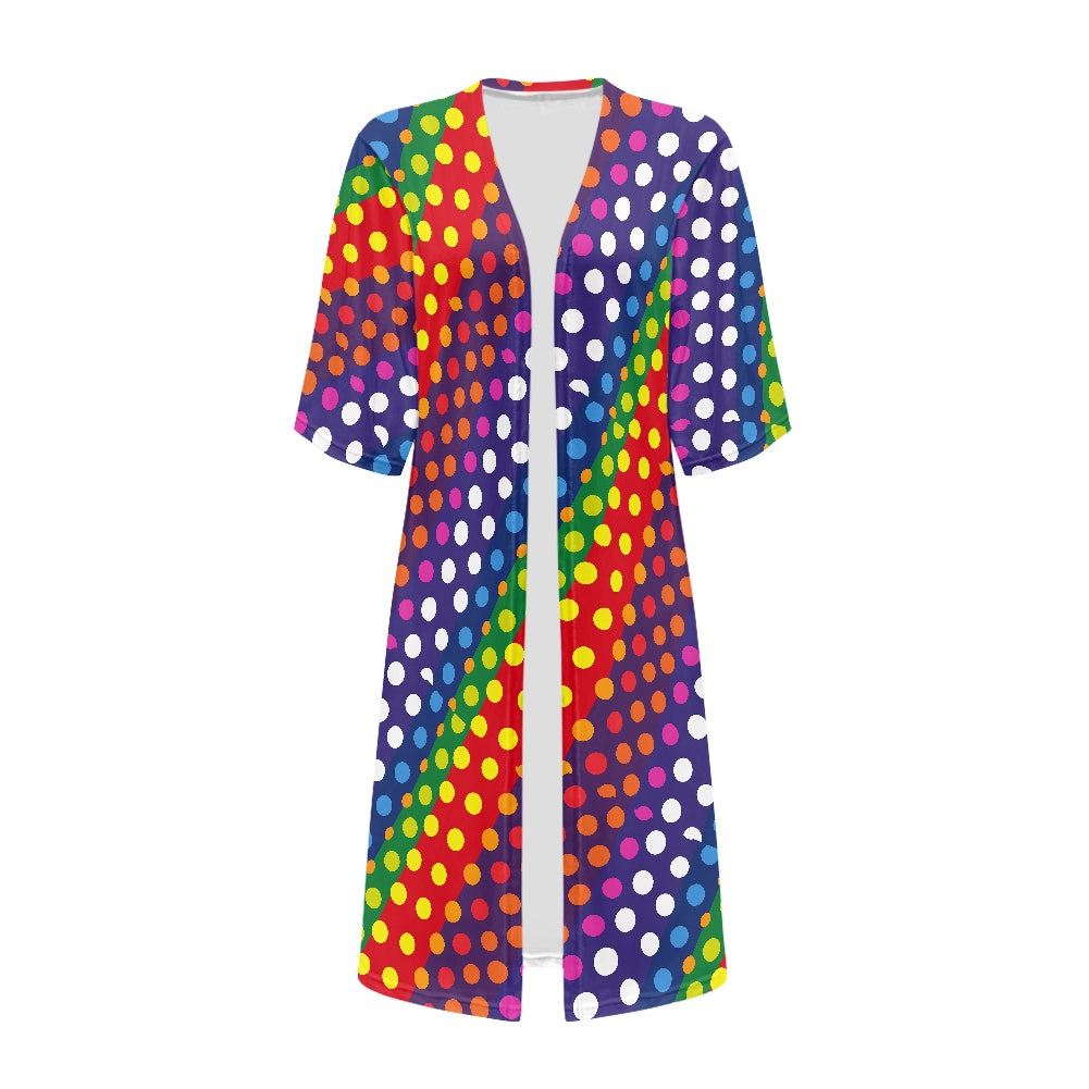 LGBTQ-Friendly Rainbow Polka Dot Versatile Three-Quarter Sleeve Kimono Cover-Up for Beach or Casual Wear by Luxtrini