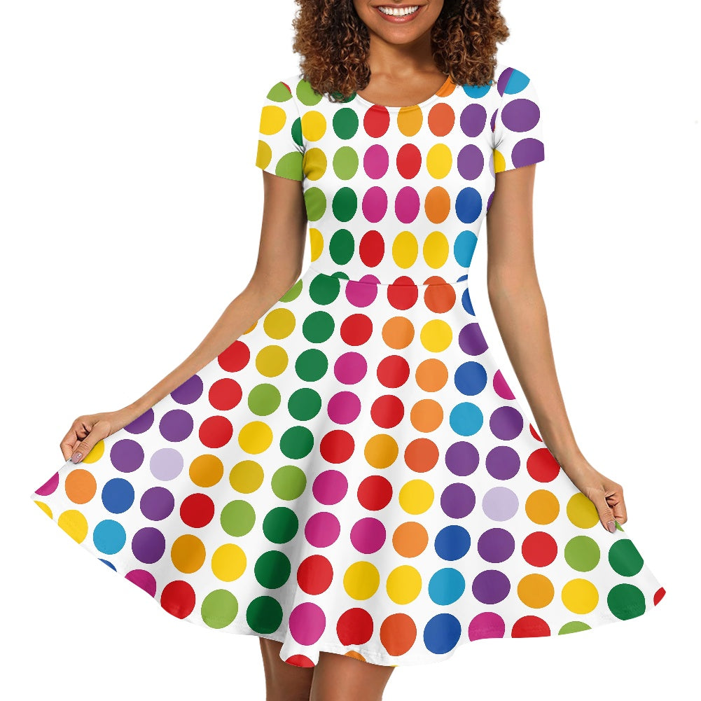 Rainbow Polka Dot Women Scoop Neck Short Sleeve Ruffle Dress