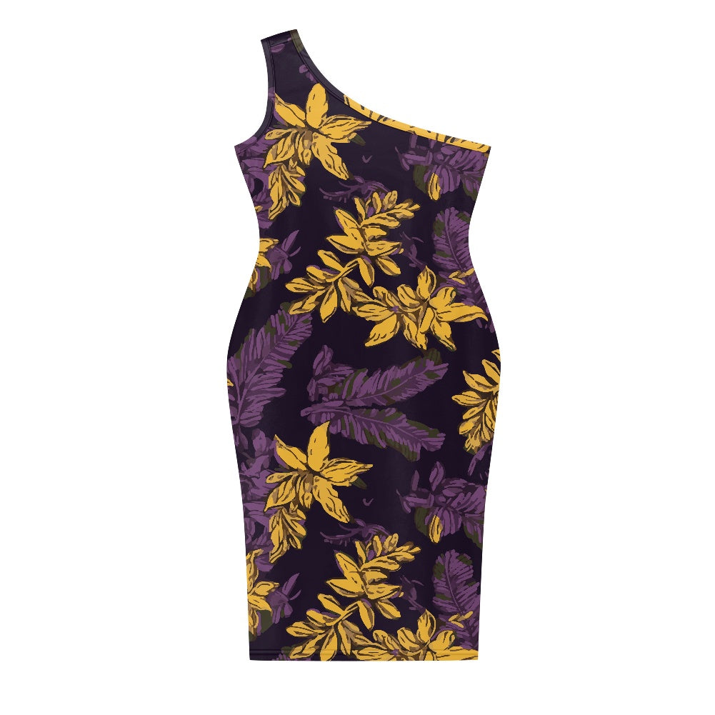 Discover Elegance: Luxtrini's One-Shoulder Slim Dress - Tropical Purple & Gold white
