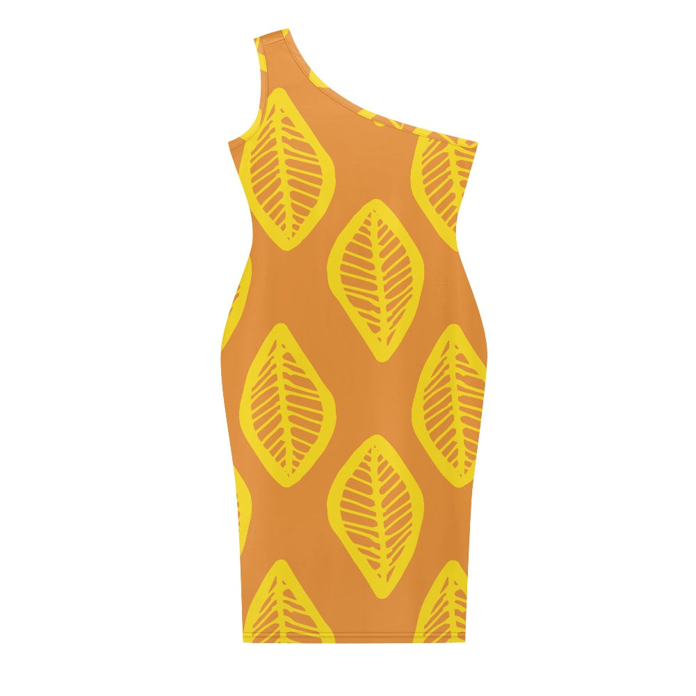 Discover Elegance: Luxtrini's One-Shoulder Slim Dress - Orange & Yellow African white