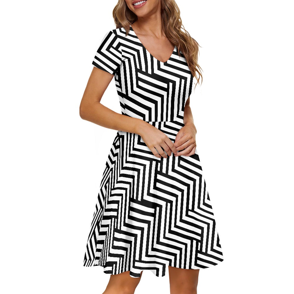 Black and White Chevrons Women V-Neck Short Sleeve Ruffle Dress