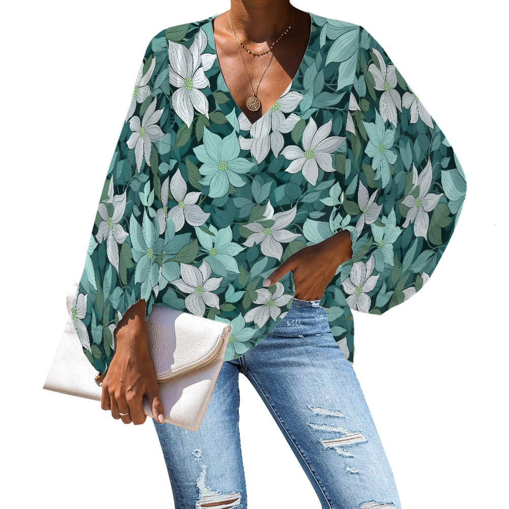 V-Neck Puff Sleeve Chiffon Blouse white