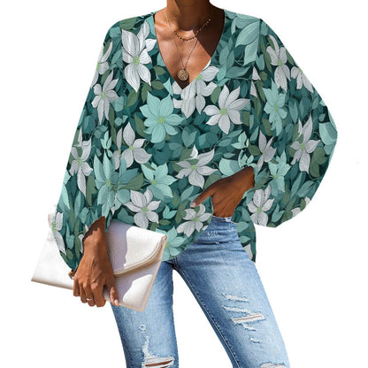 V-Neck Puff Sleeve Chiffon Blouse white