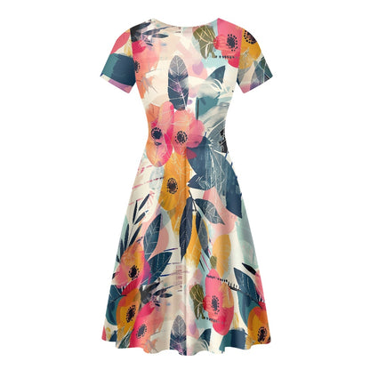 Women Scoop Neck Short Sleeve Ruffle Dress