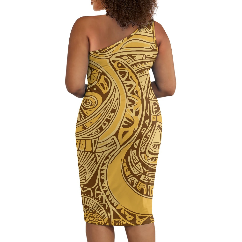 Discover Elegance: Luxtrini's One-Shoulder Slim Dress - Ethnic Gold